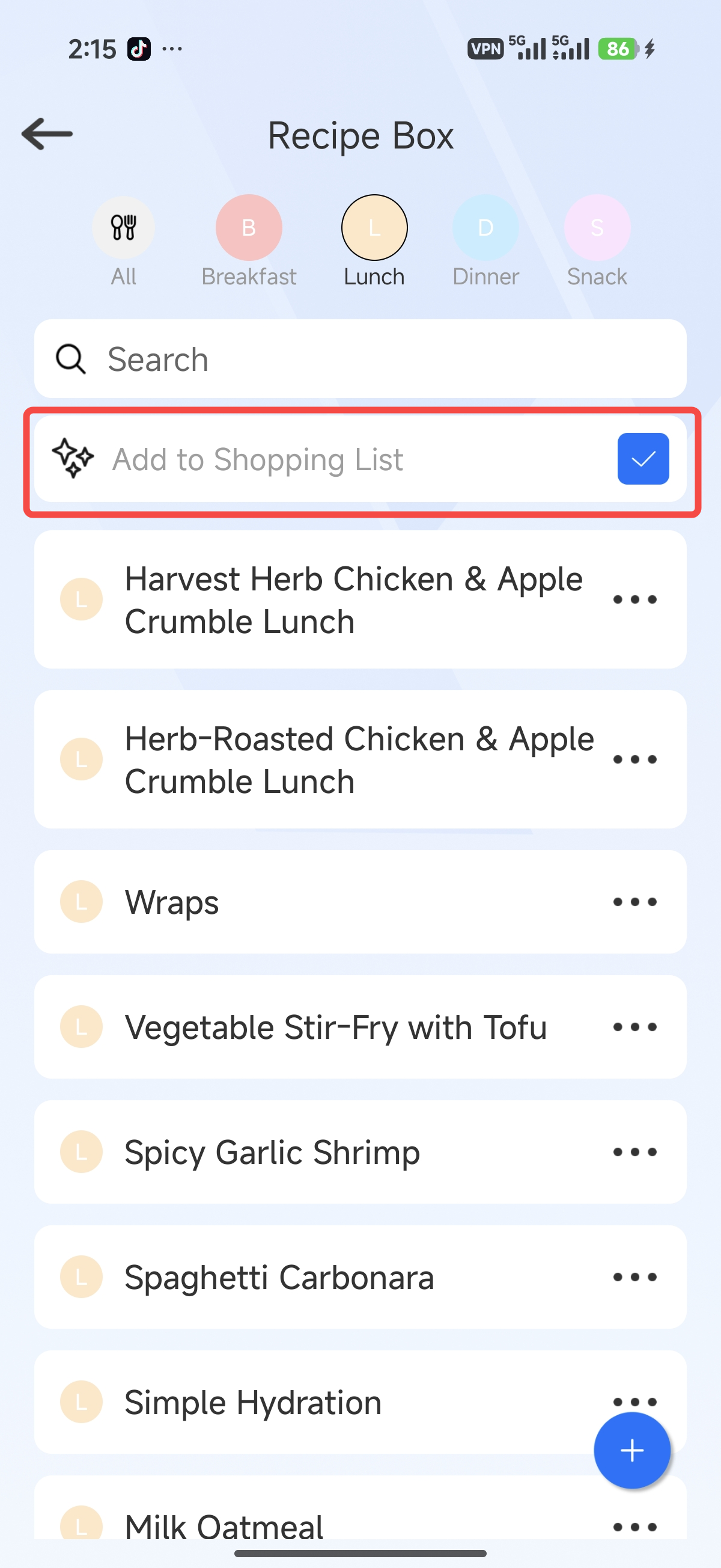 Add Recipe to Grocery List Example